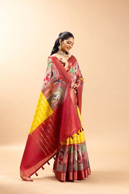 Shahi Nazarana saree pallu design jacquard silk festive saree. Woman wearing a red and yellow saree with intricate patterns on a beige background