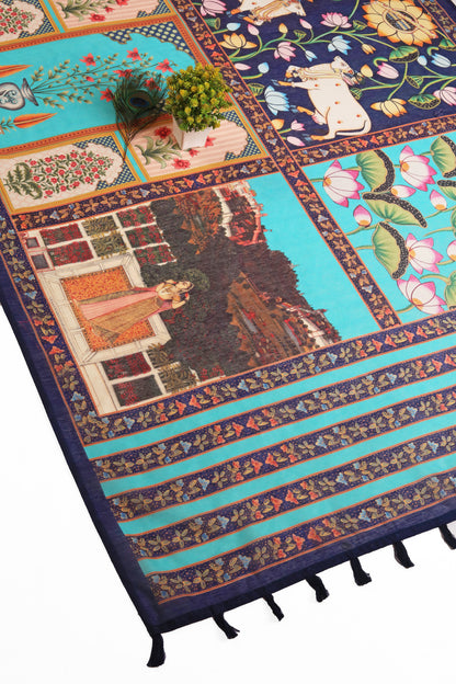 Decorative tablecloth with intricate patterns and colors on a white background Shringar Pichwai Chanderi Saree | Pichwai Saree |  yuvani vesture
