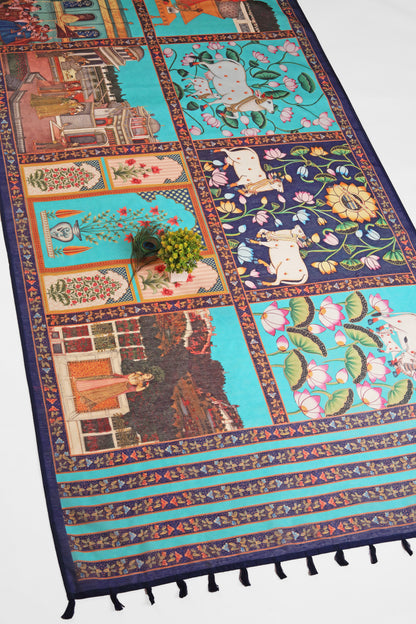 Decorative rug with colorful patchwork design on a white background Shringar Pichwai Chanderi Saree | Pichwai Saree|  yuvani vesture
