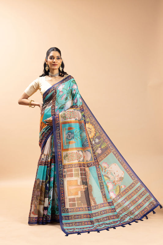 Woman wearing a colorful saree with a pattern on a beige background Shringar Pichwai Chanderi Saree | Pichwai Saree | yuvani vesture