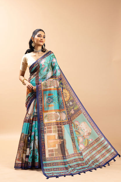 Woman wearing a colorful saree with a pattern on a beige background Shringar Pichwai Chanderi Saree | Pichwai Saree| yuvani vesture