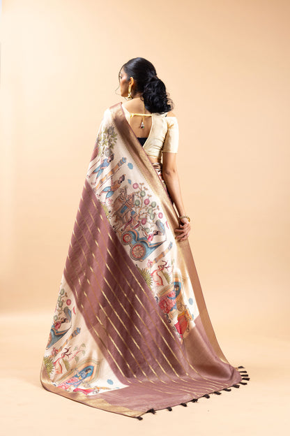 vibrant print saree elegant jacquard silk Sundar Kahani | yuvani vesture