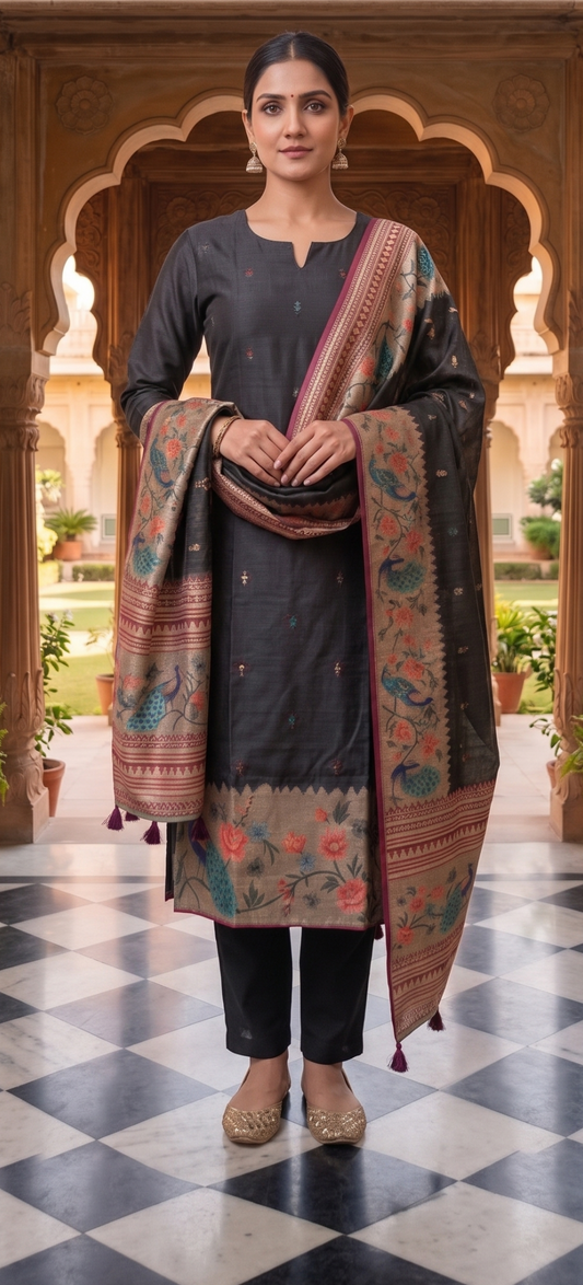 Black Ethnic Peacock Print Kurti Set