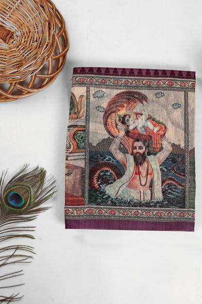 Decorative tapestry with a religious figure and peacock feather on a white background  Vrindavan Leela Purple Printed Saree | Yuvani vesture