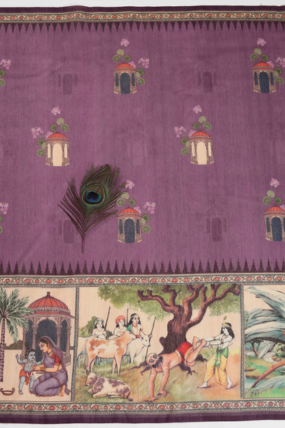 Decorative fabric with peacock feather, floral patterns, and classical scenes on a purple background. Vrindavan Leela Purple Printed Saree | Yuvani vesture