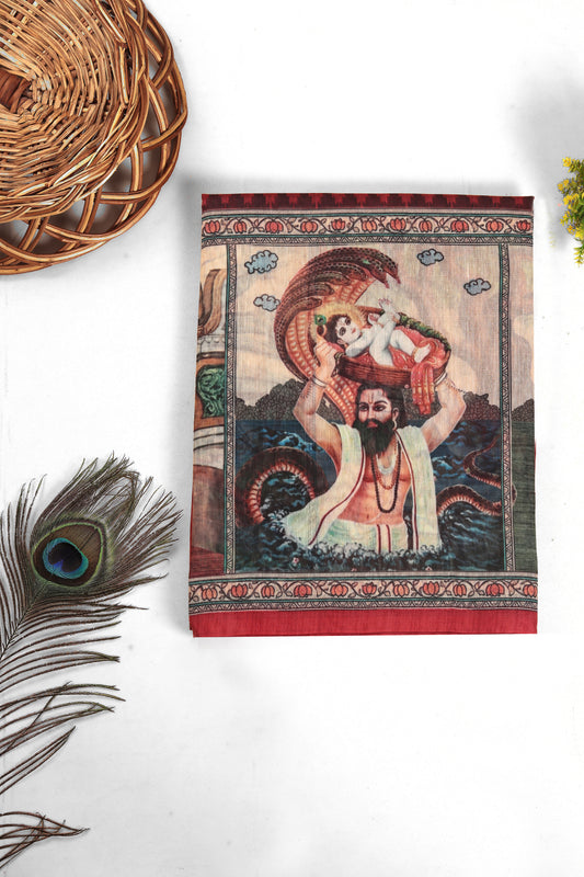 Tapestry with religious artwork on a white surface with decorative elements. Vrindavan Leela Red Printed Saree | Yuvani Vesture