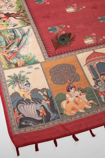 Decorative tablecloth with colorful patterns and characters on a red background Vrindavan Leela Red Printed Saree | Yuvani Vesture