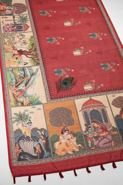 Decorative table runner with colorful illustrations on a red background Vrindavan Leela Red Printed Saree | Yuvani Vesture