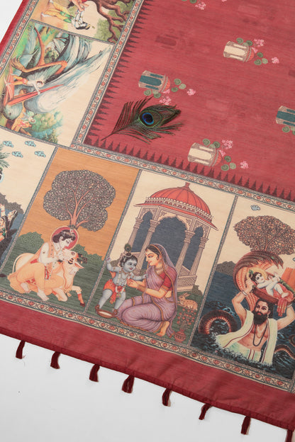 Decorative fabric with artistic designs and patterns on a red background Vrindavan Leela Red Printed Saree | Yuvani Vesture