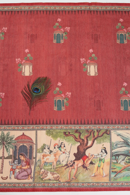 Decorative fabric with peacock feather, trees, and people on a red background Vrindavan Leela Red Printed Saree | Yuvani Vesture