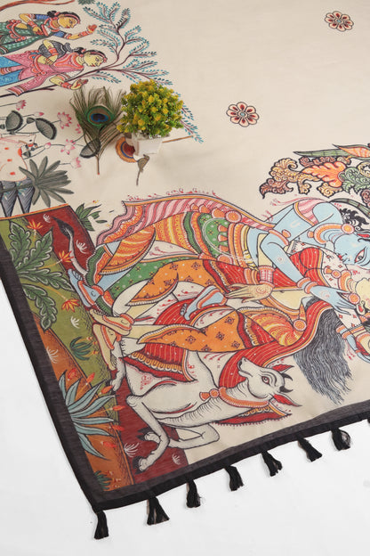 Decorative tablecloth with colorful horse and rider design on a white background Vrindavan Vaas Chanderi Saree | Yuvani Vesture