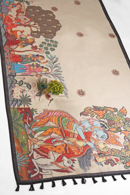 Decorative rug with colorful artistic design featuring people and animals on a beige background. Vrindavan Vaas Chanderi Saree | Yuvani Vesture