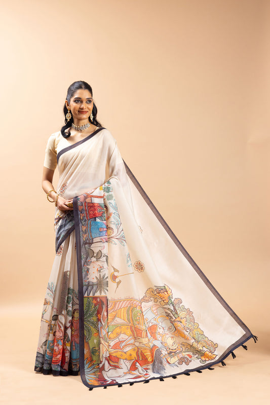 Woman wearing a traditional saree with a colorful design on a beige background Vrindavan Vaas Chanderi Saree | Yuvani Vesture