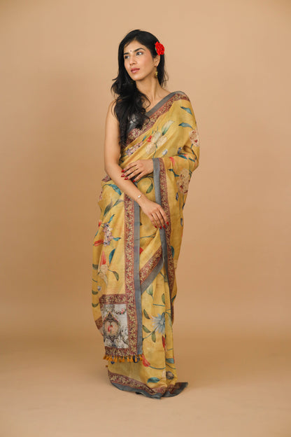 Yellow Floral Print Saree - Yuvani