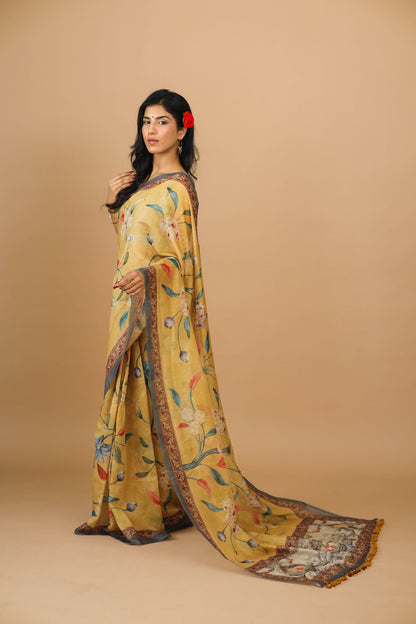 Yellow Floral Print Saree - Yuvani