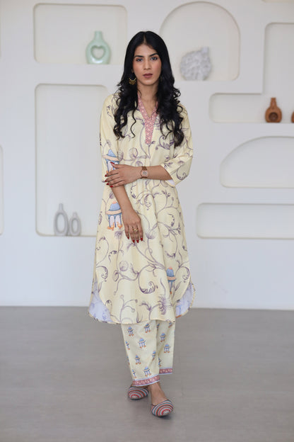 Yellow Pastel Printed Kurti Set - Yuvani