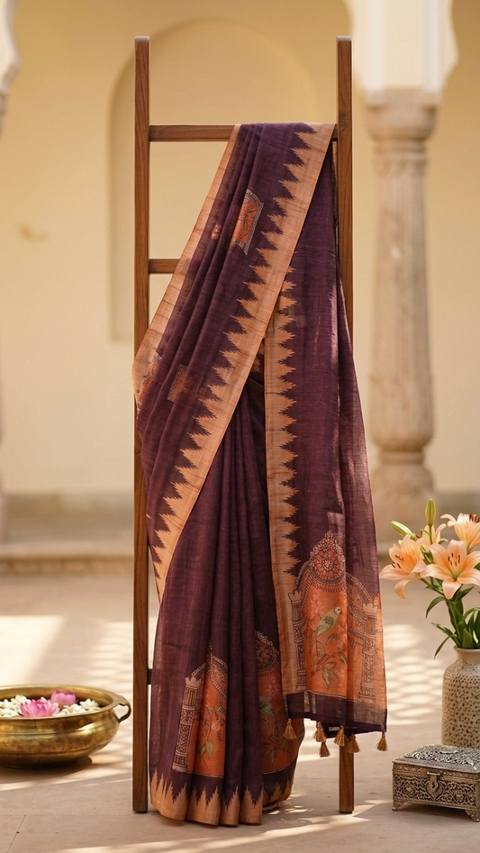 Brown Mughal Bird Print Handwork Chanderi Cotton Saree . Saree draped over a wooden chair with a blurred background