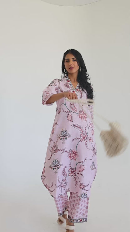 Pink Floral Printed Kurti Set